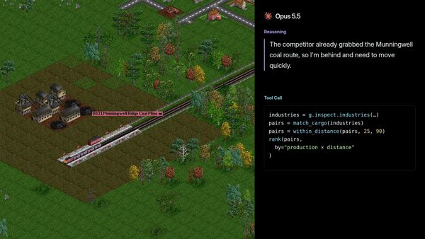 OpenTTD-Bench官方示意圖並列煤礦鐵路遊戲畫面與Opus5.5推理及工具呼叫