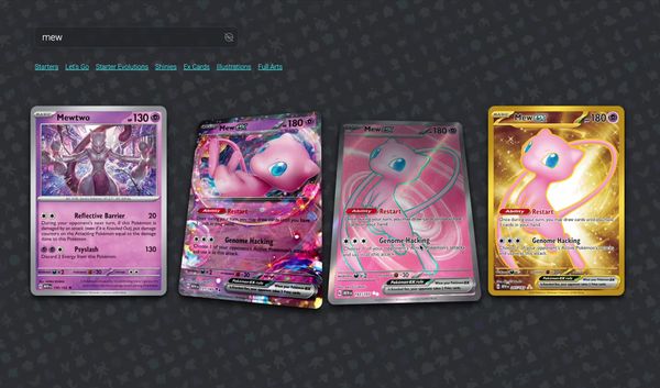 Pokémon Cards CSS 151 原作者展示中的超夢與三張夢幻卡牌