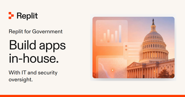 Replit for Government 官方宣傳圖，以國會建築與介面卡片示意公部門自建工具