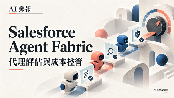 Salesforce Agent Fabric 新增代理評估：AI 回答出錯、費用失控時怎麼處理？，AI 郵報 AI 生成主題示意封面