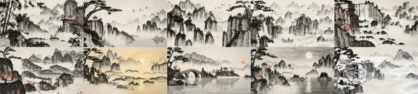 Shanshui 十幅程式繪製的水墨山水畫面並排，包含竹林、瀑布、石橋、明月與雪中寺廟
