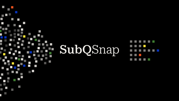 SubQ Snap 官方黑色發布主視覺，模型名稱與彩色方格