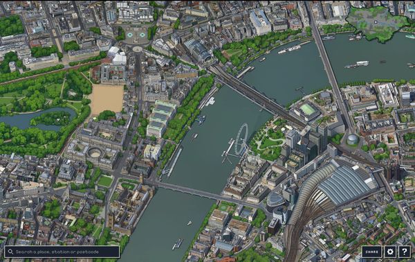 tiny.london 等距像素地圖中 Westminster 一帶的畫面，可見泰晤士河、倫敦眼與滑鐵盧車站