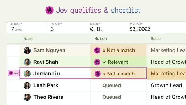 treg 官方示範由 Jev 篩選人物清單，表格顯示相關與不符條件的示例