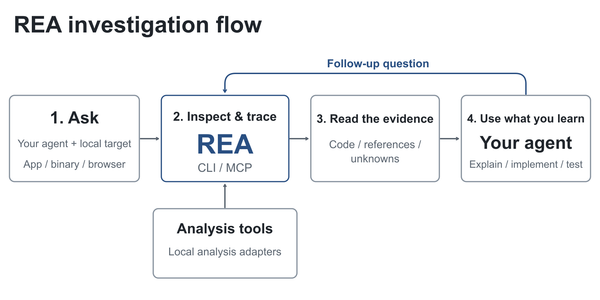 REA 官方調查流程圖：代理透過工具取得證據，再追問與驗證