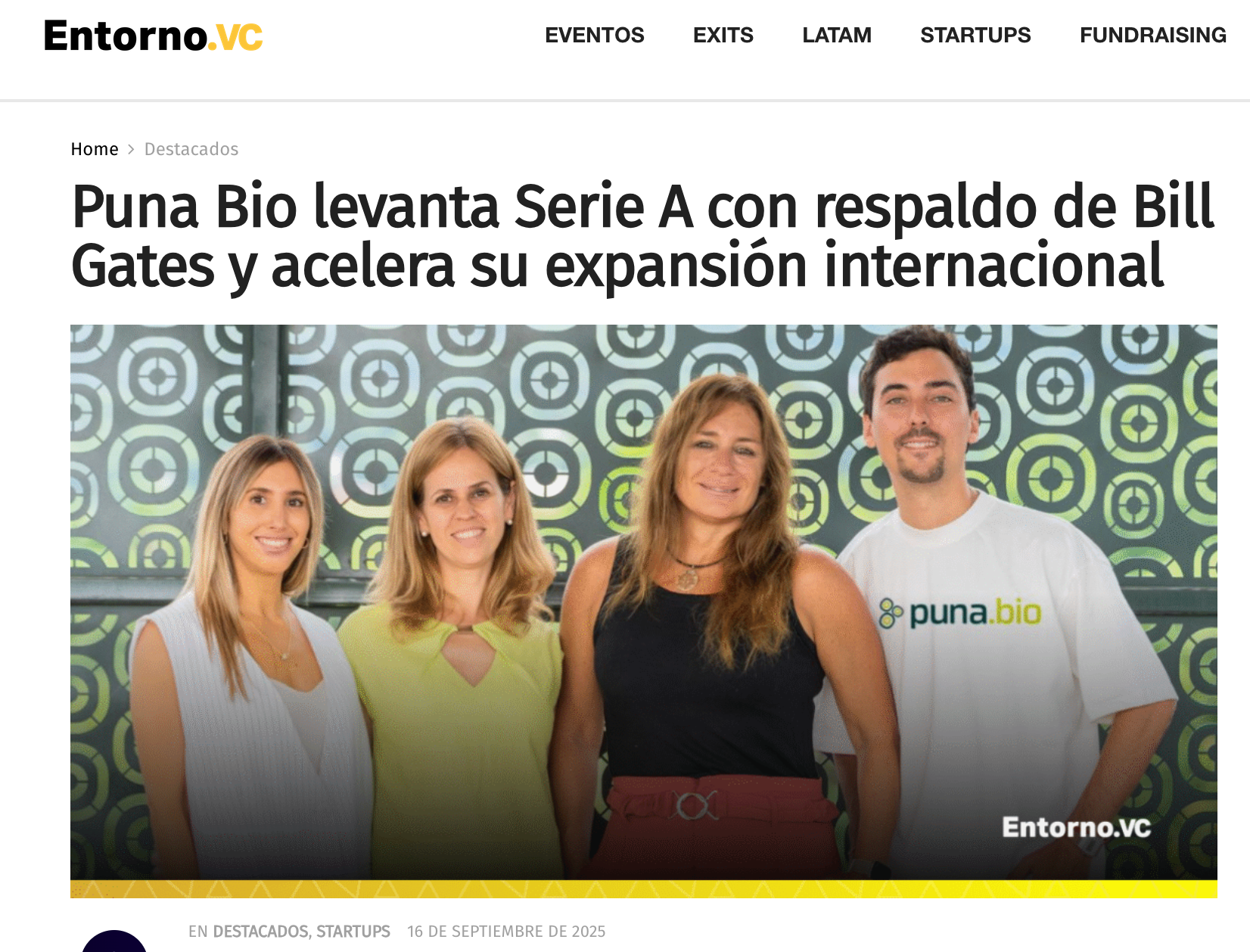 Puna Bio raises Series A with backing from Bill Gates and accelerates its international expansion. Source: Entorno.vc