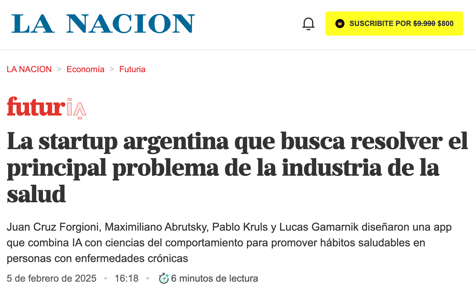 Motivia, the Argentine startup that seeks to solve the main problem of the healthcare industry. Source: La Nacion.