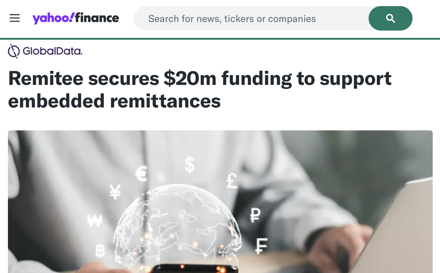 Remitee secures $20m funding to support embedded remittances. Source: Yahoo Finance.