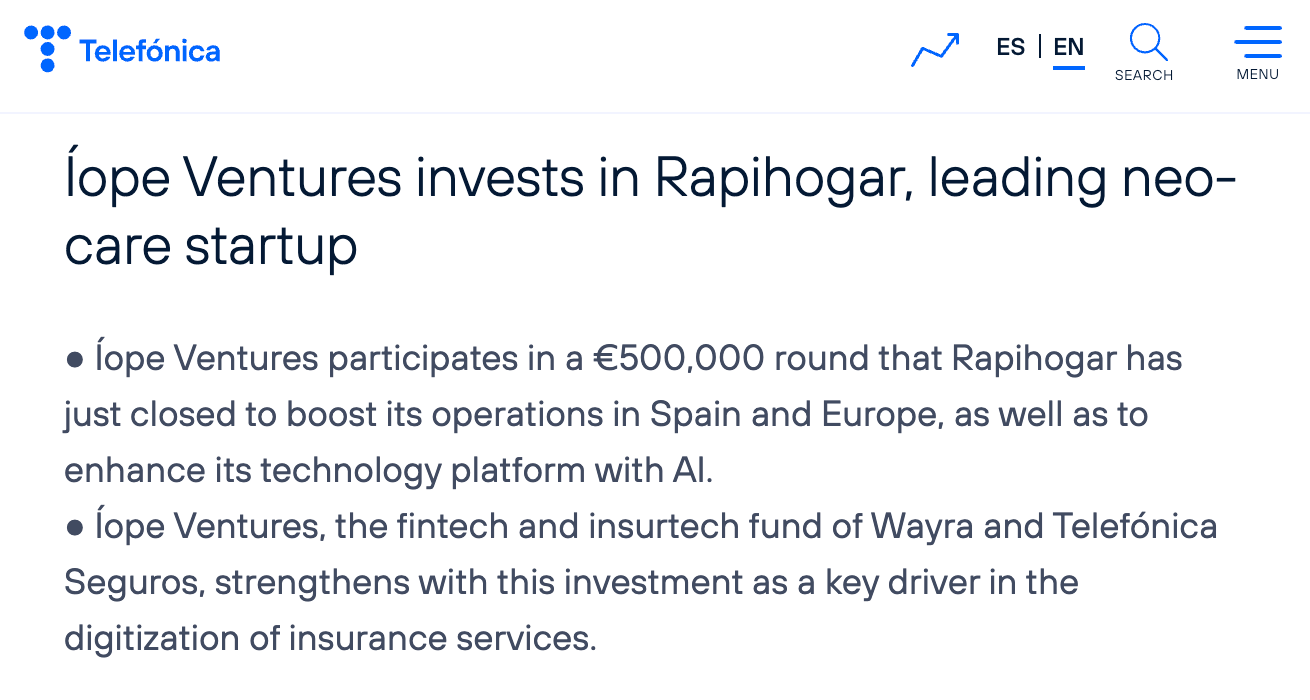Íope Ventures invests in Rapihogar, leading neo-care startup. Source: Telefónica.