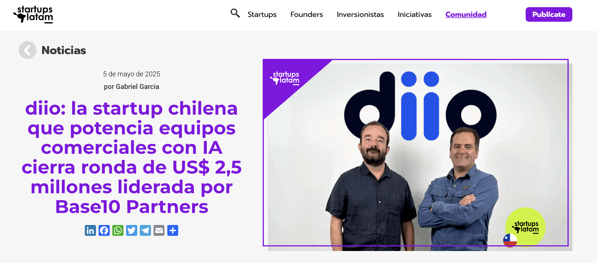 diio: the Chilean startup that empowers sales teams with AI closes a US$2.5 million funding round led by Base10 Partners. Source: Startups Latam