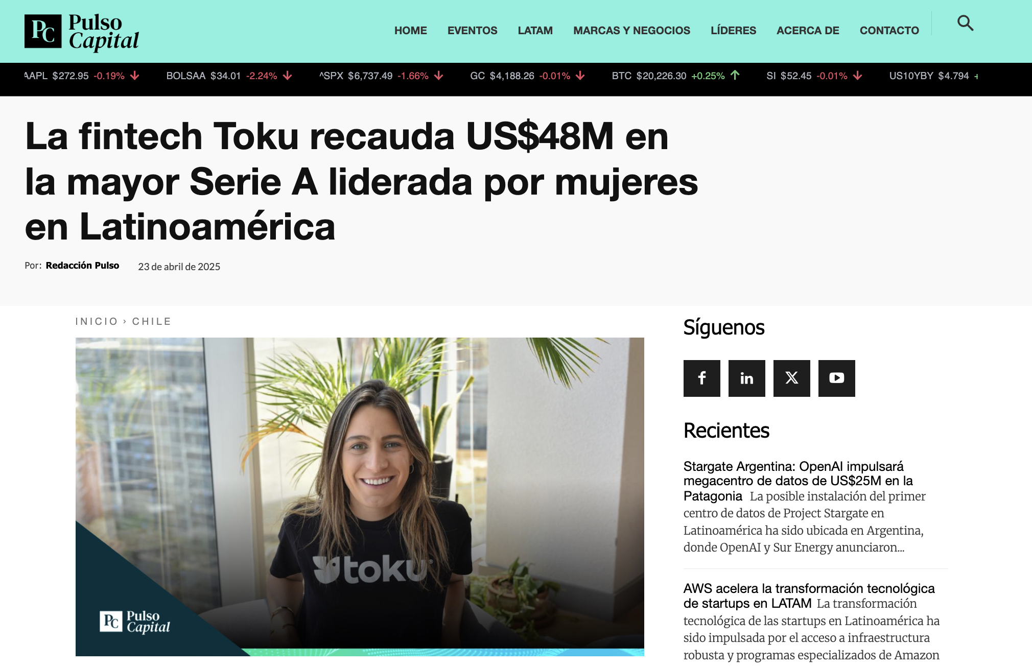 Fintech Toku raises US$48M in the largest female-led Series A round in Latin America. Source: Pulso Capital.