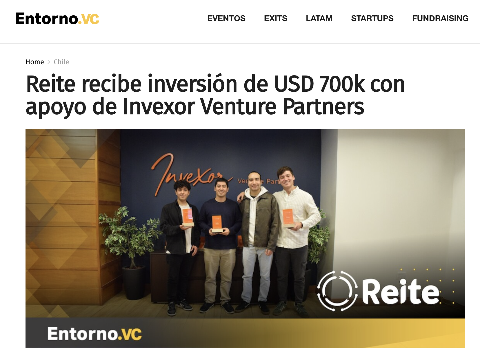 Reite receives USD 700k investment with support from Invexor Venture Partners. Source: Entorno.vc