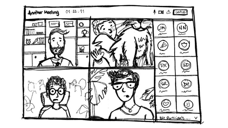 Sketch illustration of an online meeting with lots of people and weird scenarios.