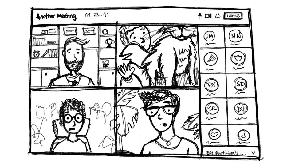 Sketch illustration of an online meeting with lots of people and weird scenarios.