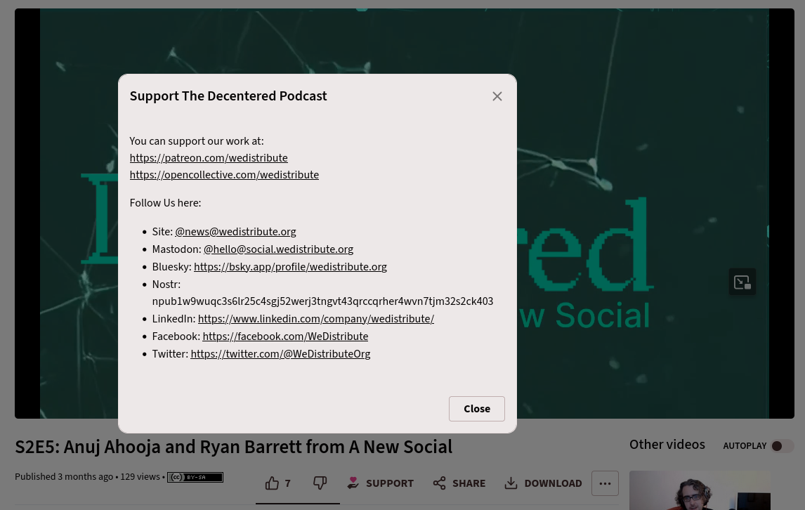 A PeerTube video with the "Support" button clicked and the lightbox expanded. There are tons of links and bullet points and stuff that requires the viewer to basically navigate somewhere else to support their favorite creators.
