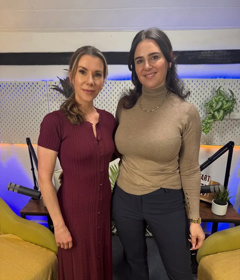 Jennifer Hanway, women's health expert, and Alexandra King, former The Apprentice candidate and podcaster, together altering filming the podcast.