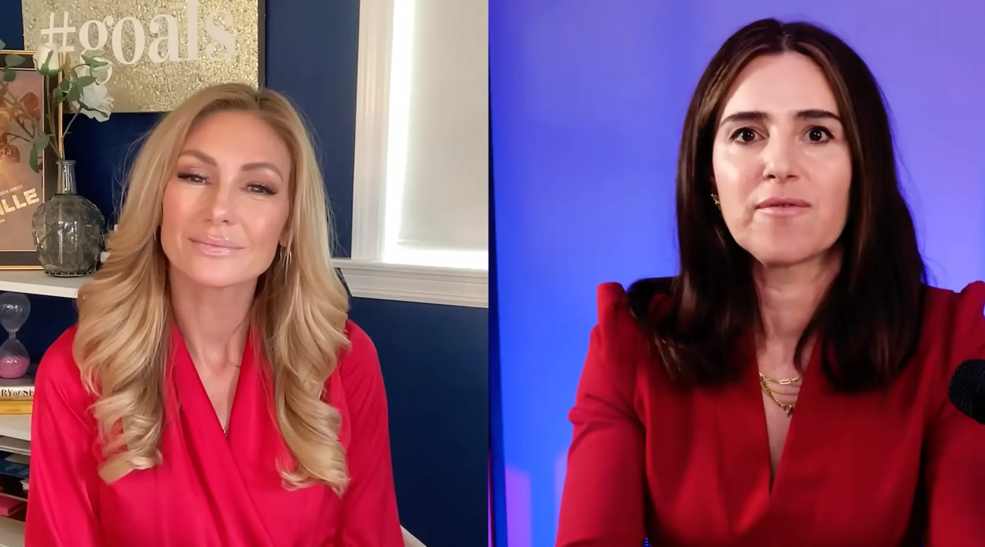 Brande Roderick and Aleksandra King in a split-screen remote interview, both in red