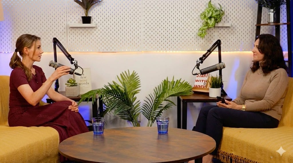 Jennifer Hanway in a burgundy dress and host Aleksandra King in conversation on the BEYOND set, seated on yellow sofas...