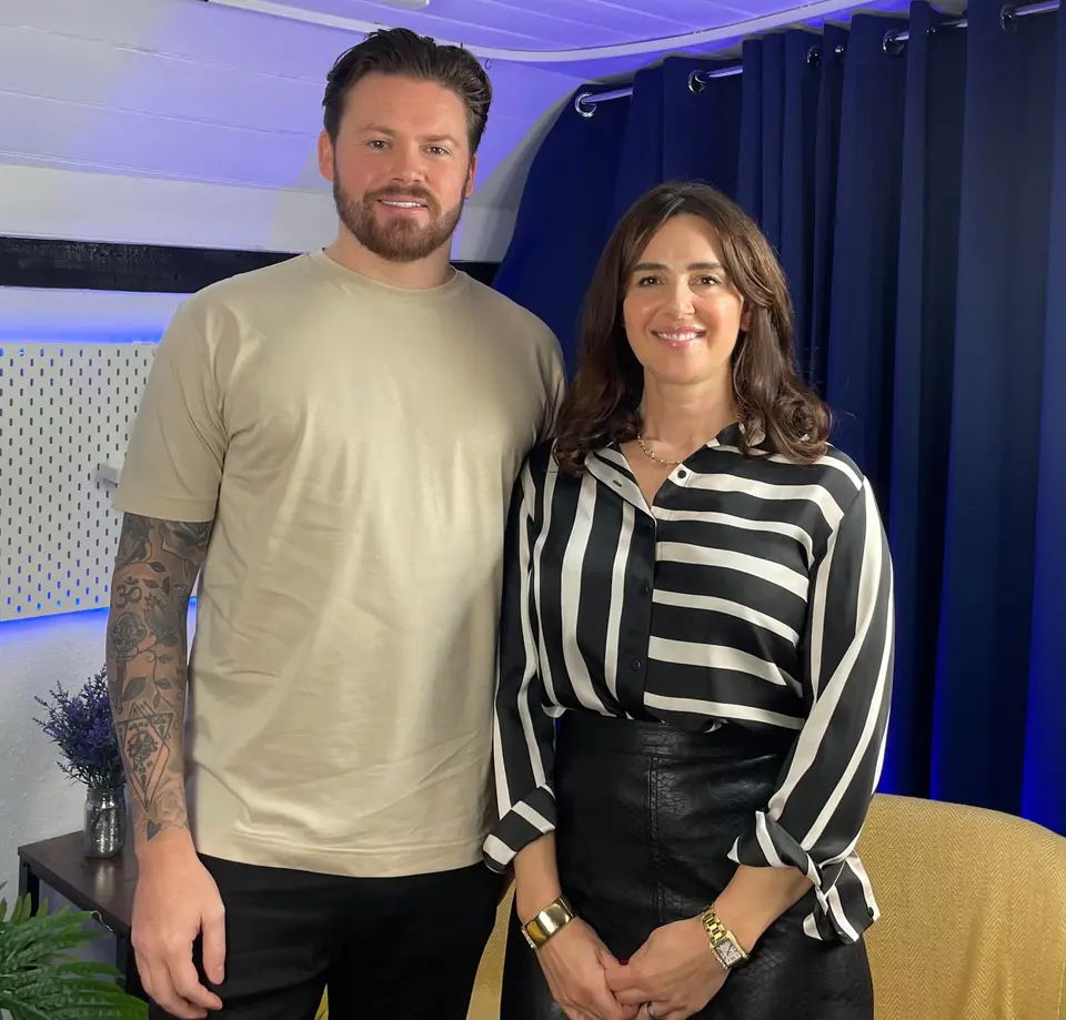 Lewis Raymond Taylor and Aleksandra King standing together on the BEYOND set