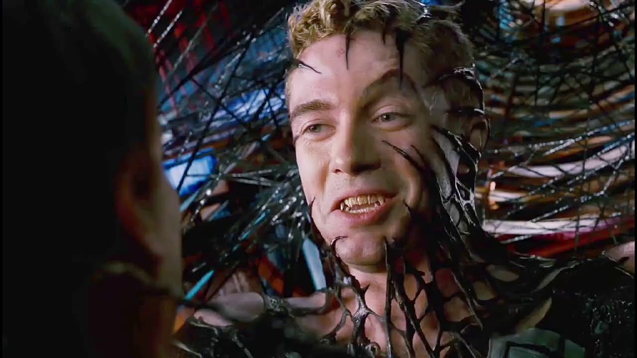 From Spider-Man 3, Eddie Brock, covered in the Venom symbiote, taunts Peter Parker.