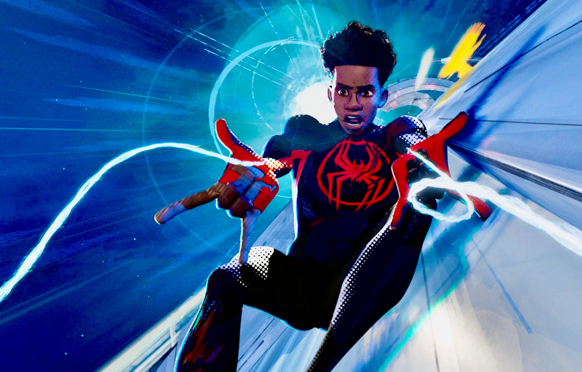 Miles Morales shooting webs on the side of a space elevator in Miguel O'Hara's dimension.