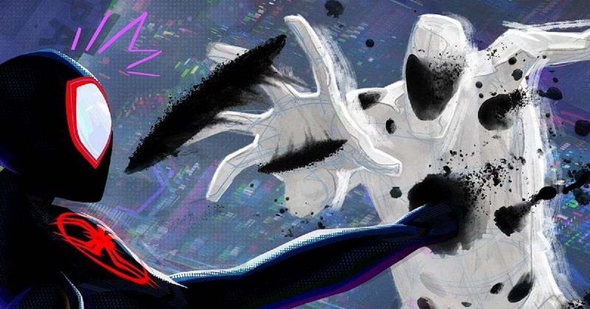 Distorted shot from Across the Spider-Verse. Miles leans back in surprise as The Spot throws spots at him.