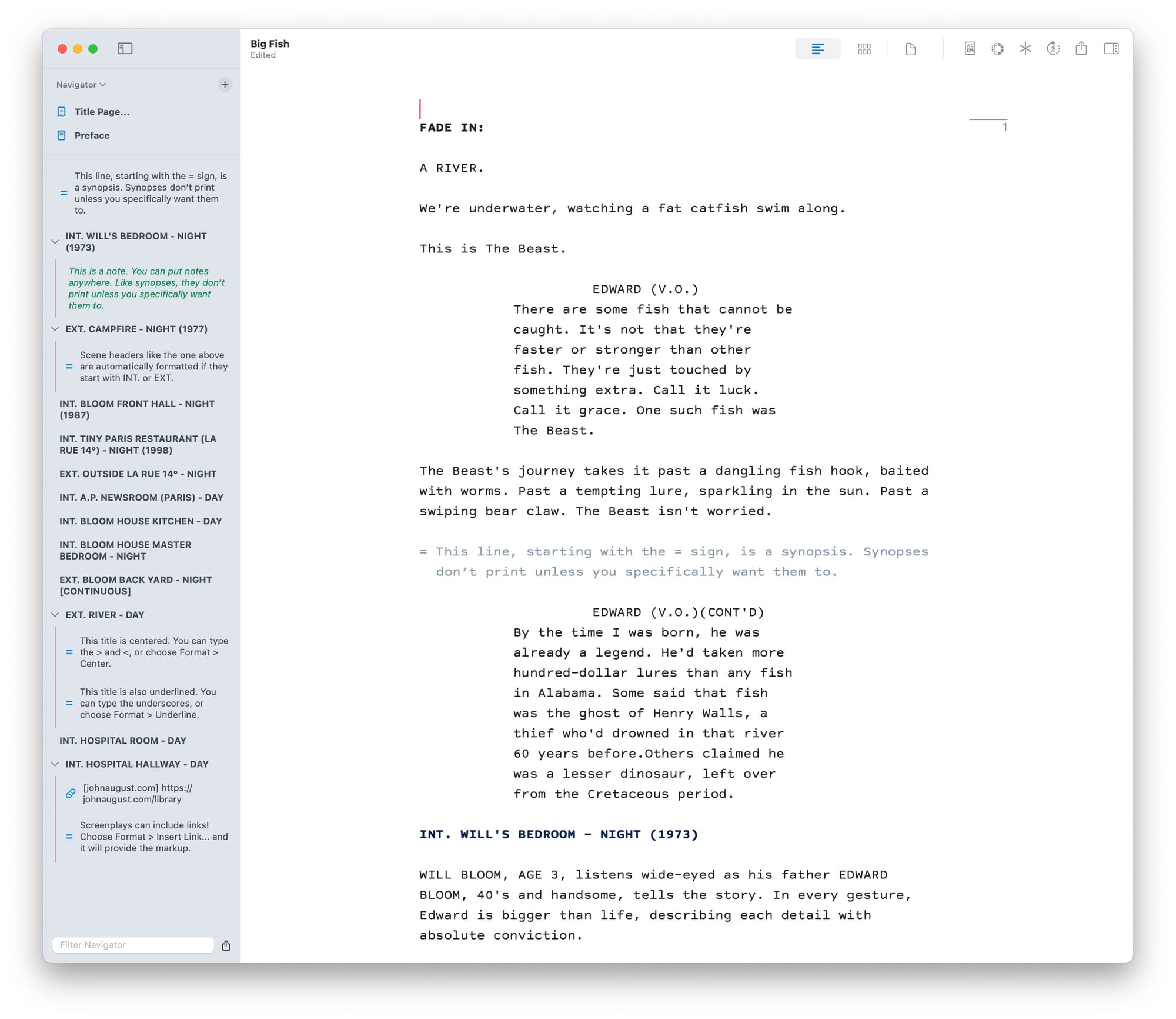 Highland Pro showing a scene from Big Fish, with Navigator open on left.