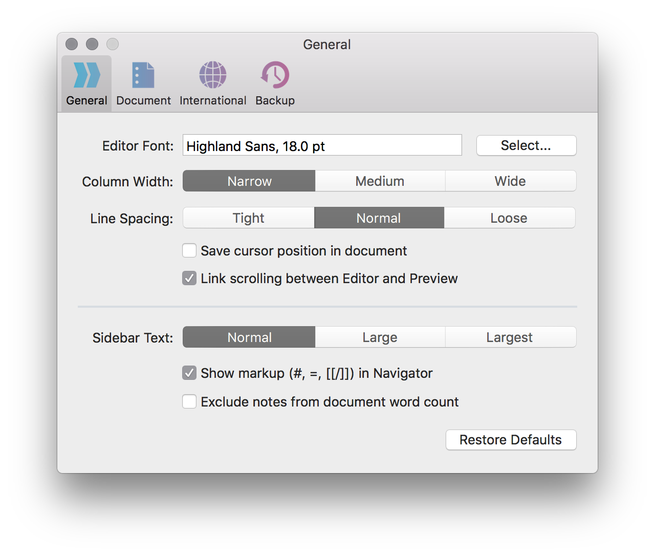 Highland 2.1 preference/setting window, 2018