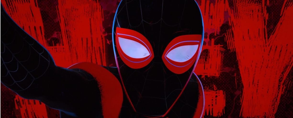 Miles Morales reaches out for Kingpin's shoulder. Behind him comic book writing accentuates "HEY"