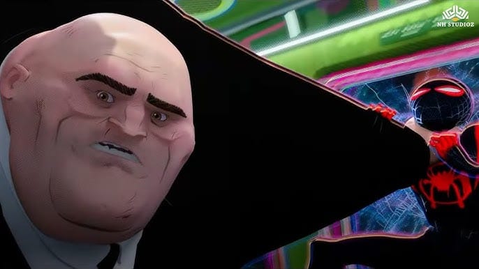 Kingpin holds Miles by the throat as he turns around to see variants of his wife and son watching.