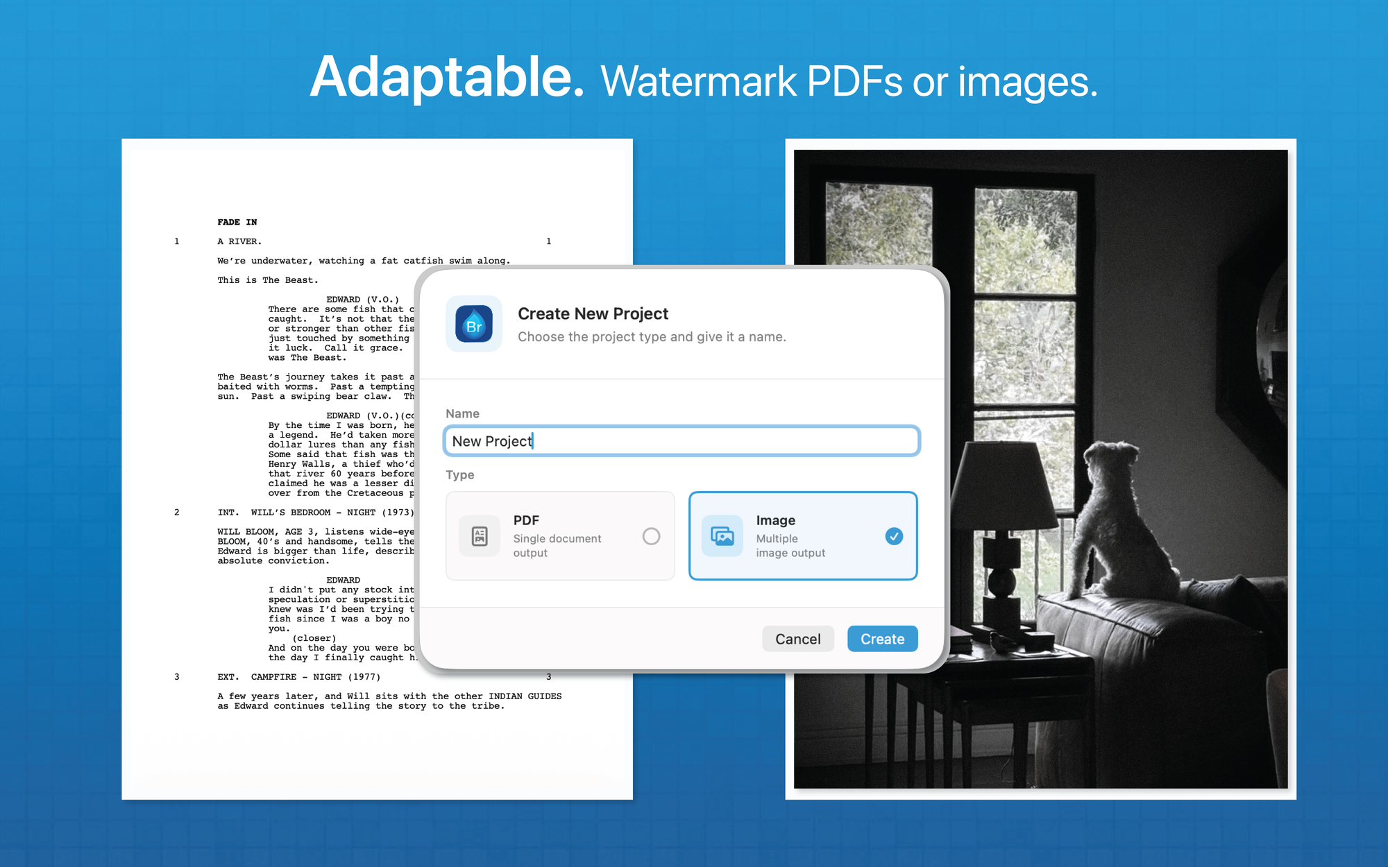 An example of the Bronson menu, giving the option to watermark PDFs or Images. It features a page of a screenplay and a photo of a dog.