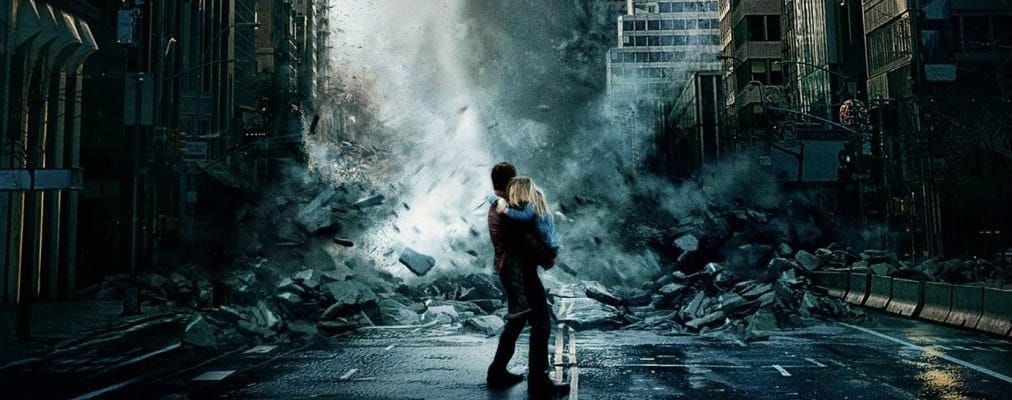 Image from the film poster of Geostorm, with tornadoes and a wave destroying skyscrapers while Gerard Butler holds a kid?