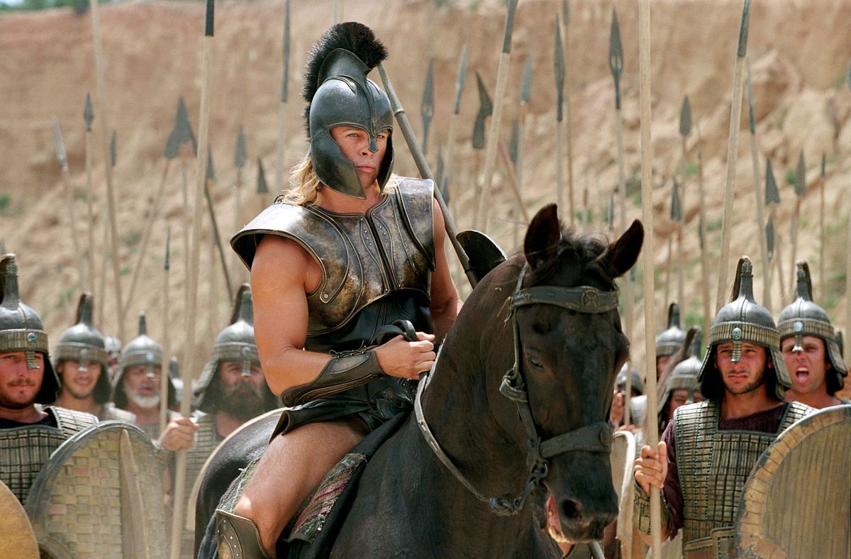 Brad Pitt on horseback in the movie Troy (2004)