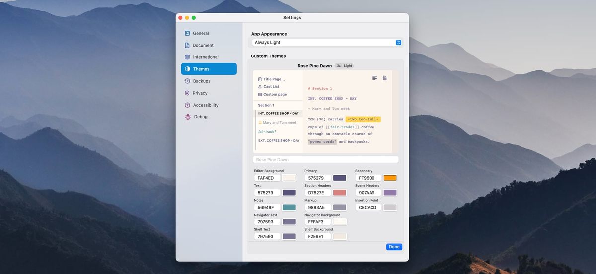 screenshot of Settings window showing the themes panel