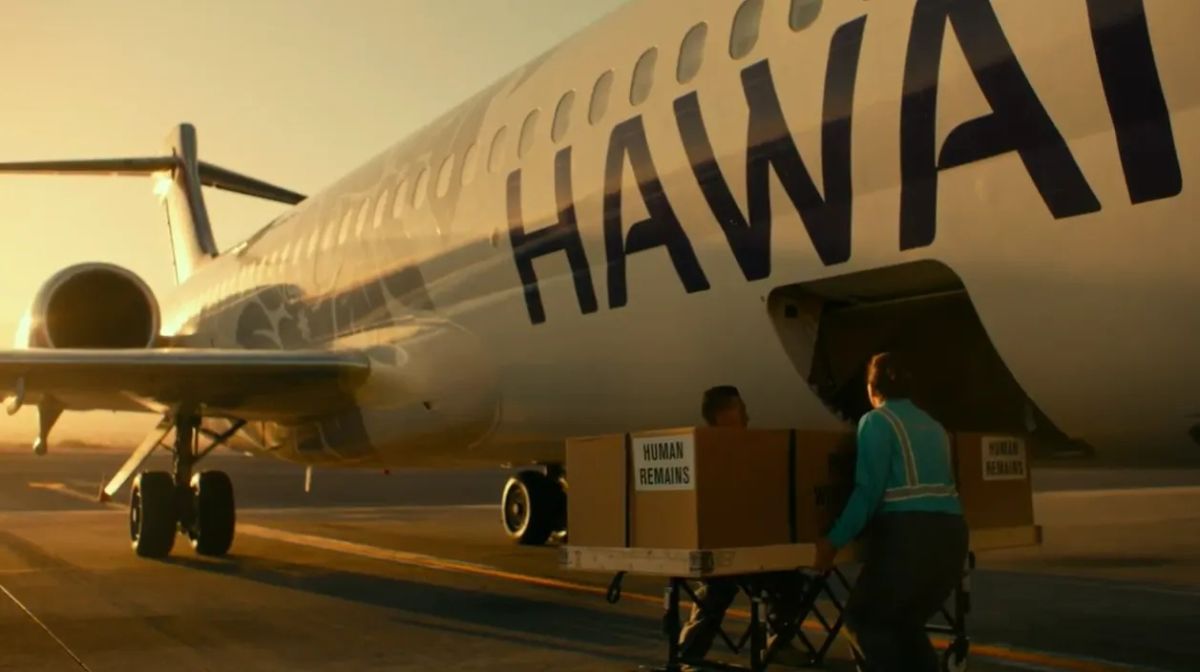 A box labeled "human remains" is loaded into a plane in a still from The White Lotus