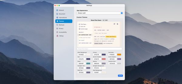 screenshot of Settings window showing the themes panel