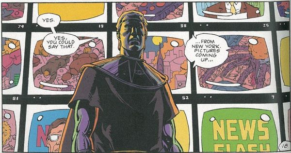 Image from the Watchmen graphic novel. Ozymandius in front of a wall of televisions announcing that he's already enacted his master plan a half hour ago.