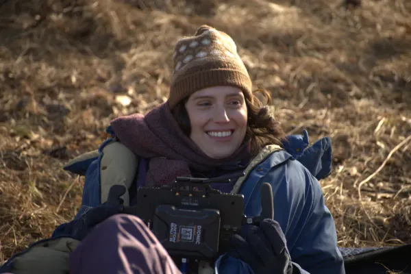 Eva Victor behind the scenes directing Sorry, Baby.