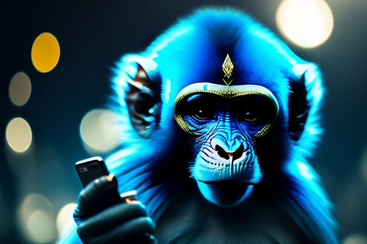 Singe bleu tenant un iPhone et dont le front est orné d'un logo Ethereum, en référence aux NFT