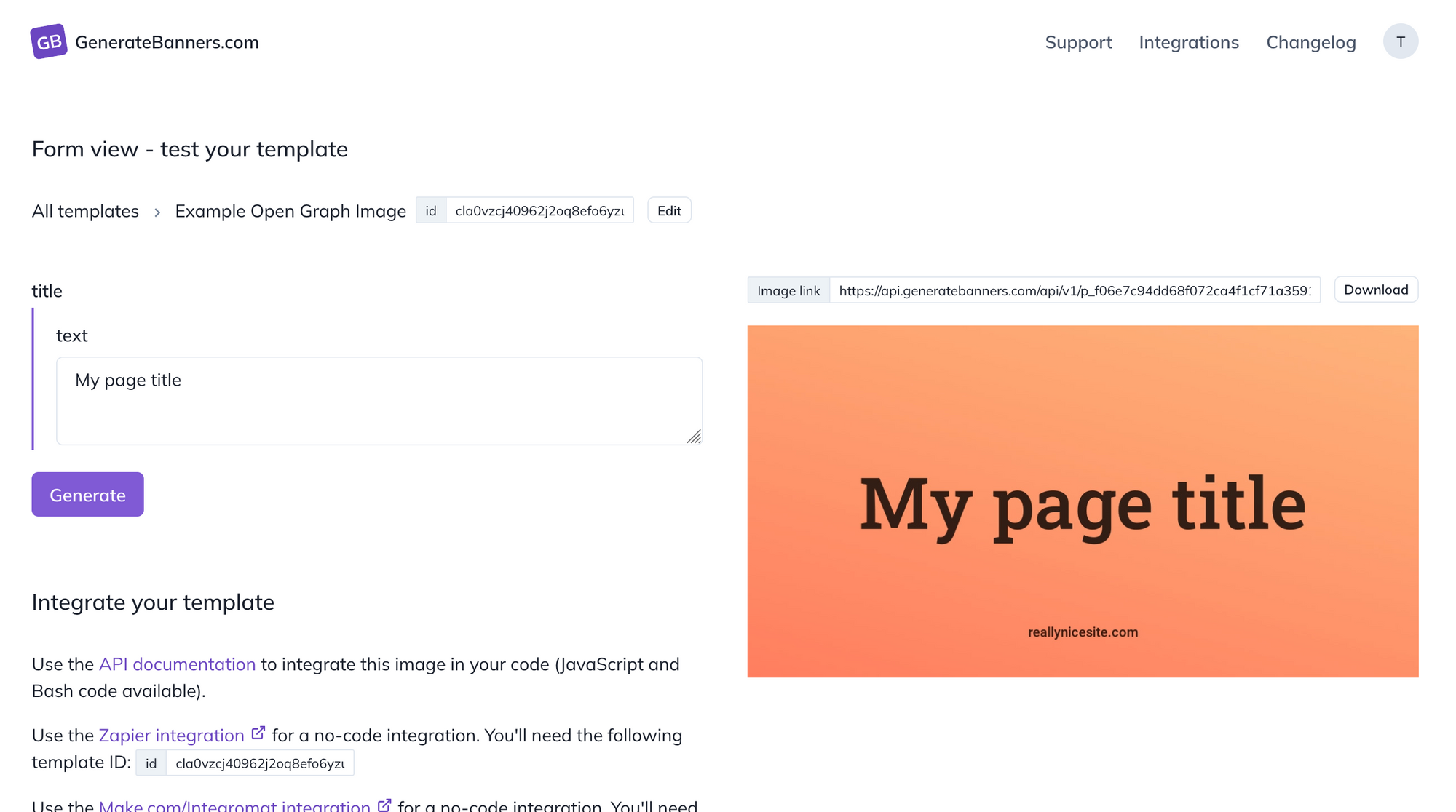 A screenshot of GenerateBanners showing the form view: a form on the left with inputs and a "Generate" button. The image generated from the form inputs on the right.