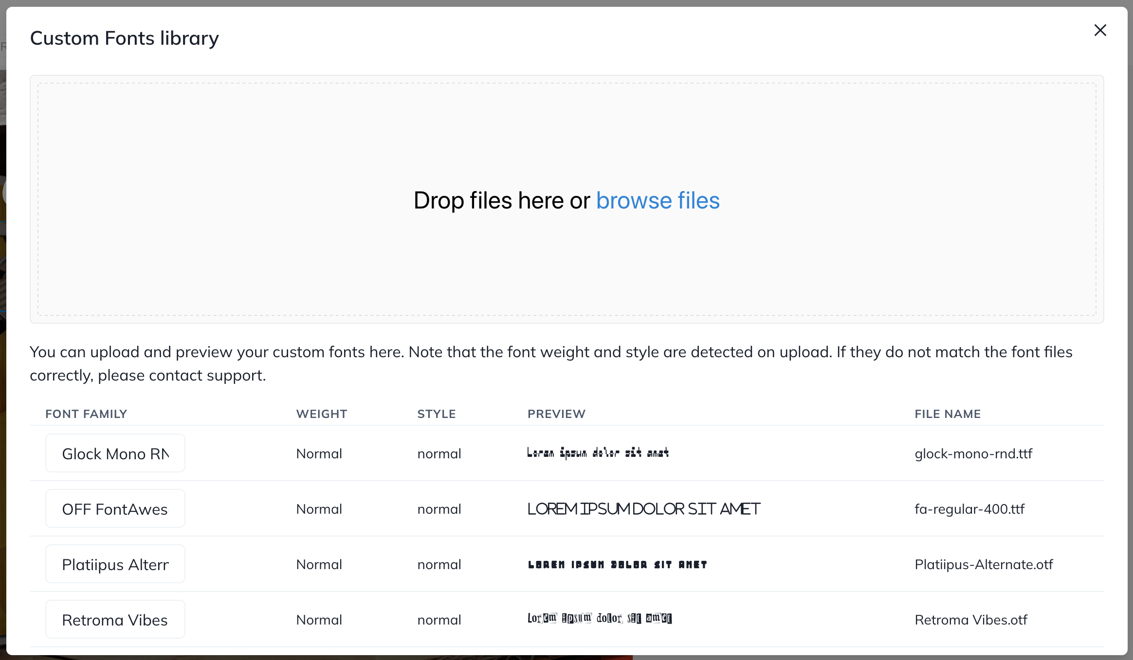 Screenshot of a modal containing a drop zone for files and a list of fonts with a preview for each font