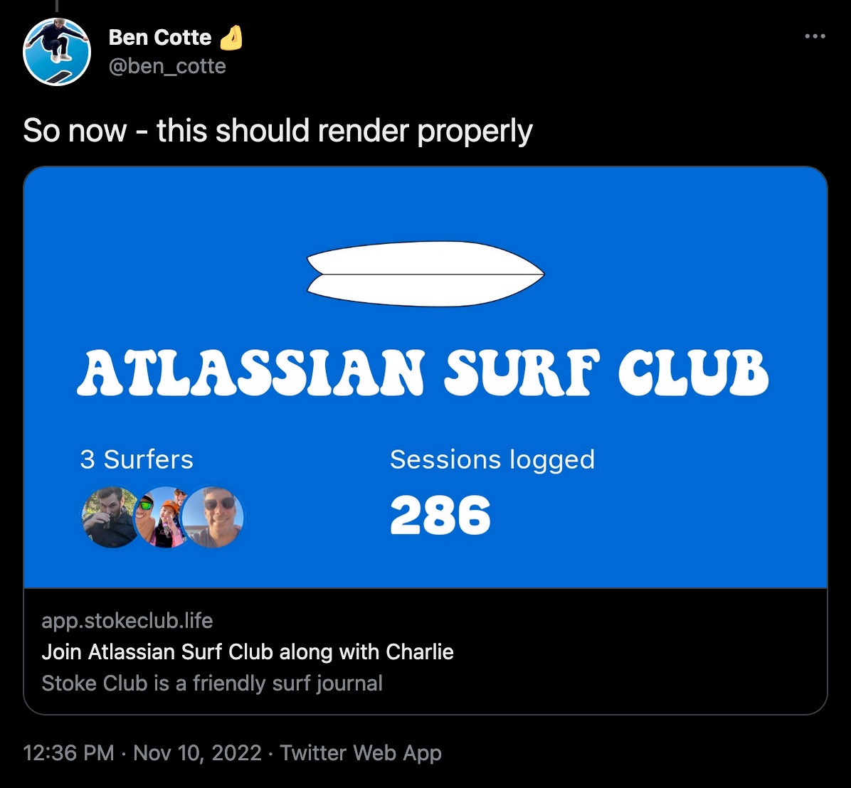A screenshot of a tweet that has a GenerateBanners social preview with the text "Atlassian Surf Club" using a custom font.