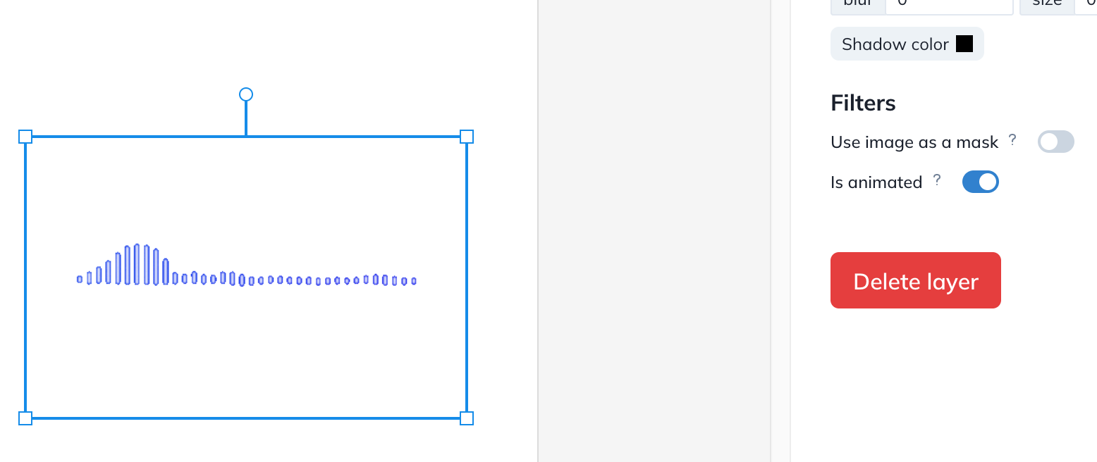 A screenshot of the "Is animated" image layer option in the GenerateBanners editor. The image layer is a gif of an histogram illustrating a sound wave.