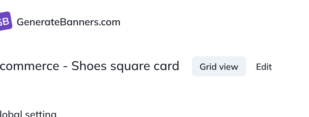 Screenshot of the GenerateBanners template interface with the "Grid view" button highlighted