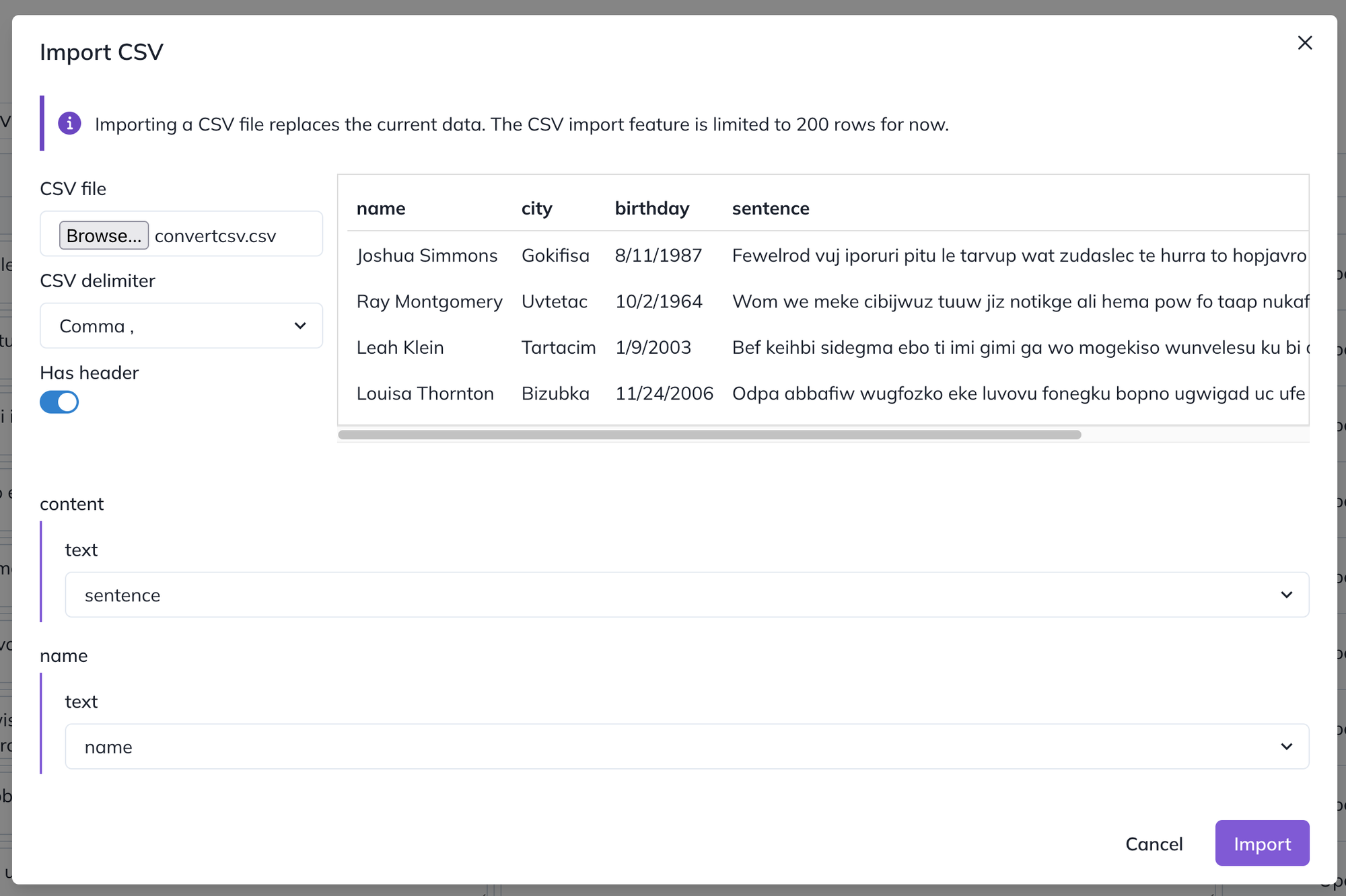 A screenshot of the GenerateBanners CSV import modal