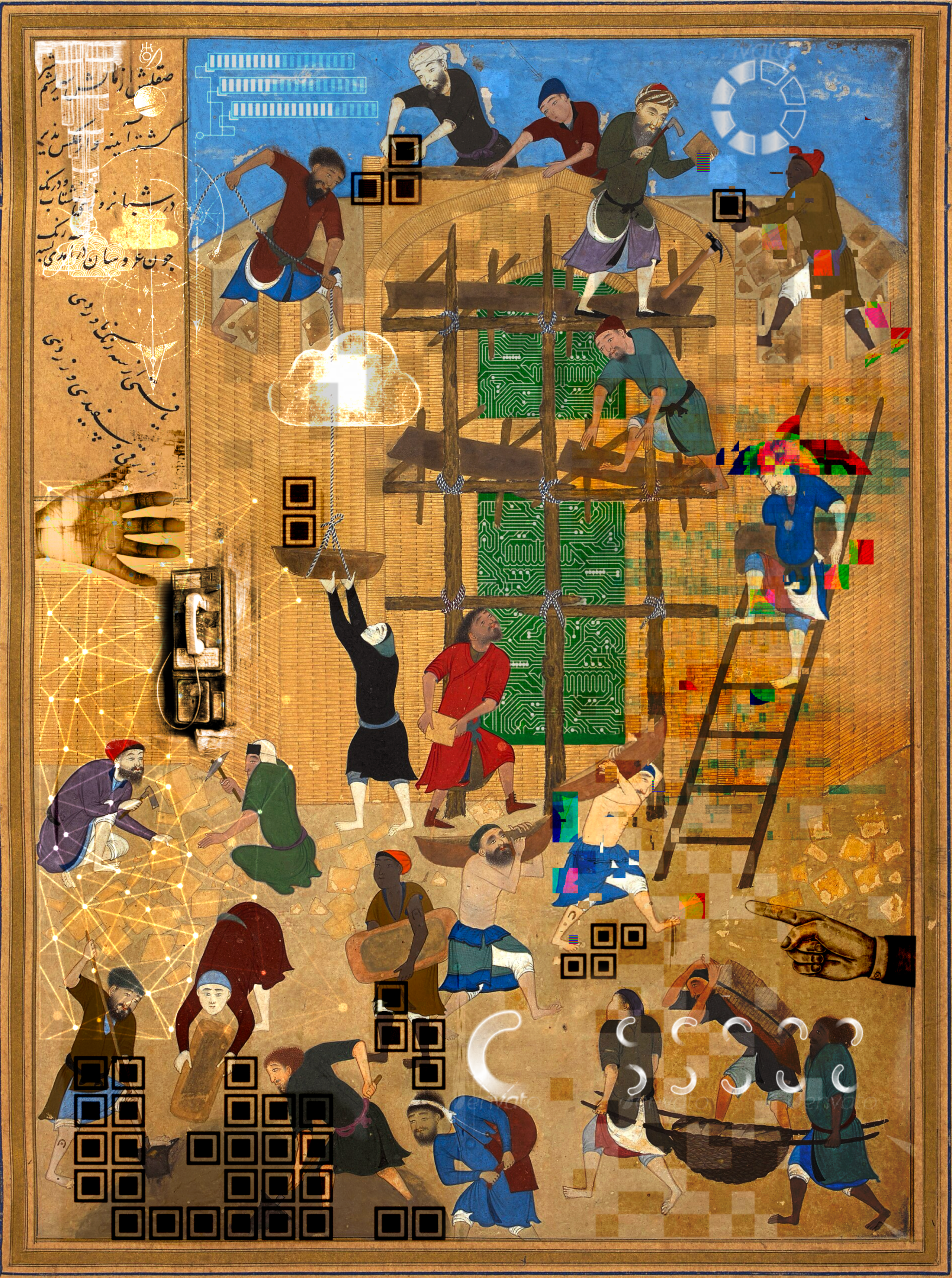 Persian miniature-style artwork showing workers building AI infrastructure with modern tech symbols embedded in traditional artistic styling.