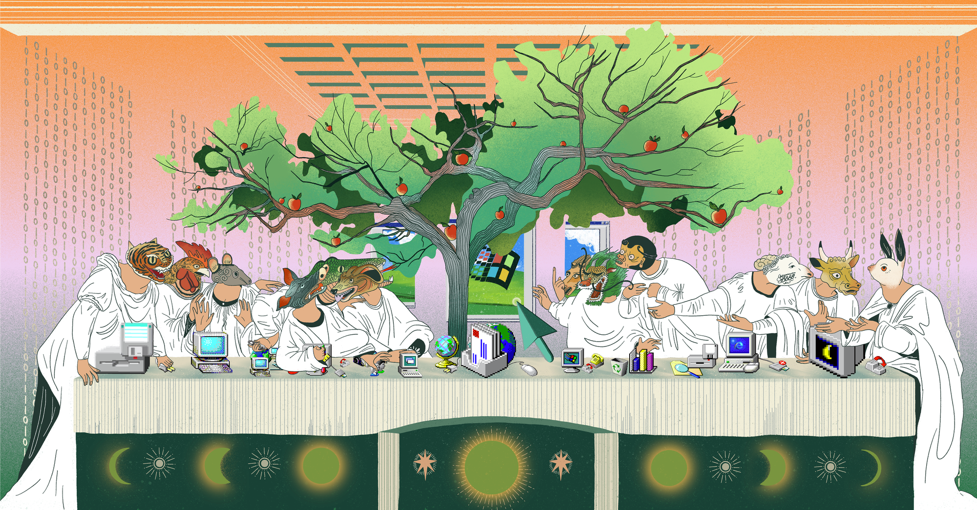 A digital Last Supper with tech figures wearing animal masks representing the Chinese zodiac, all seated around computers under a digital tree.