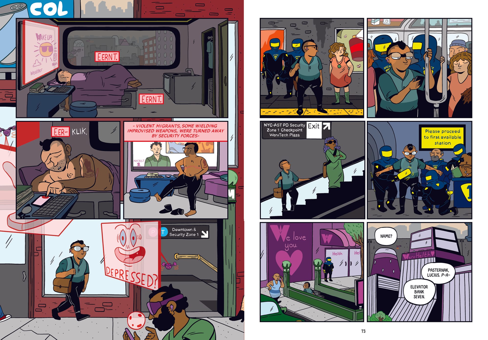 A two-page comic spread showing multiple panels of a dystopian cityscape, showing the protagonist waking up in a cramped apartment, engaging in a world defined by intrusive devices and advertisements and police everywhere you look.. 