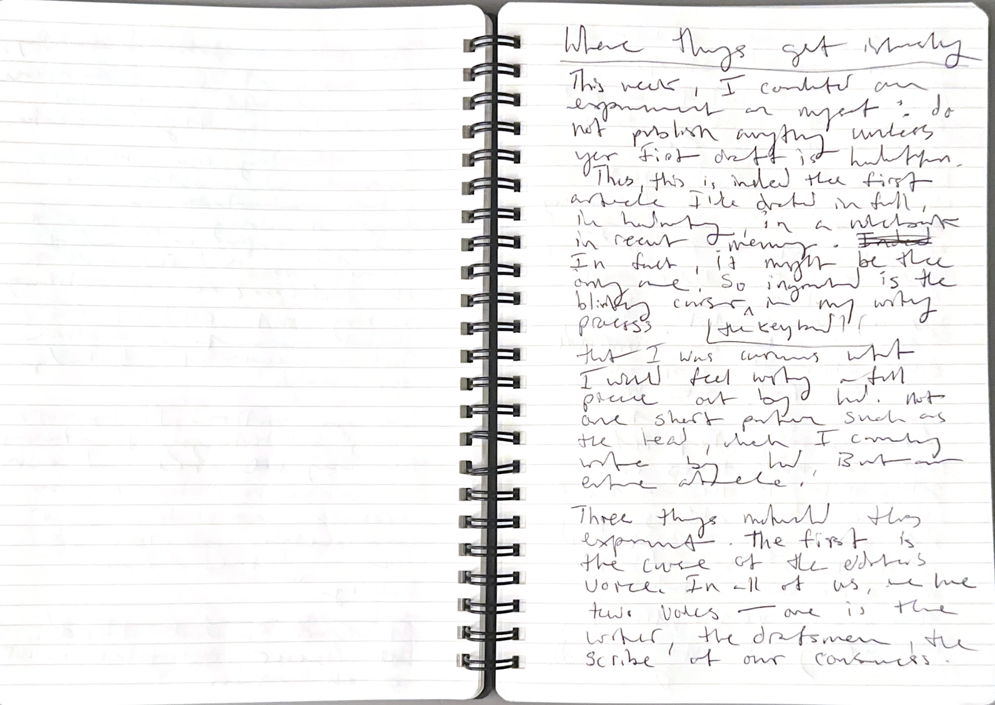 Another photocopy of the author's spiral bound notebook, showing the heading of the following section. 