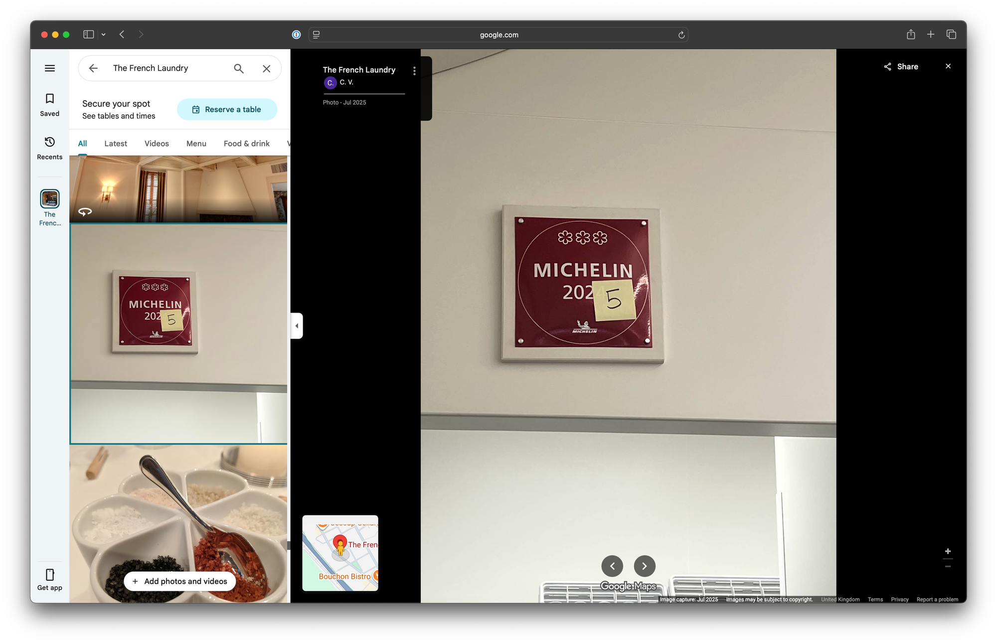 Screenshot of the Google Maps image results for the French Laundry, with one image showing the "Michelin 2024" sign with a "5" post-it note place over the 4 so it reads "Michelin 2025."